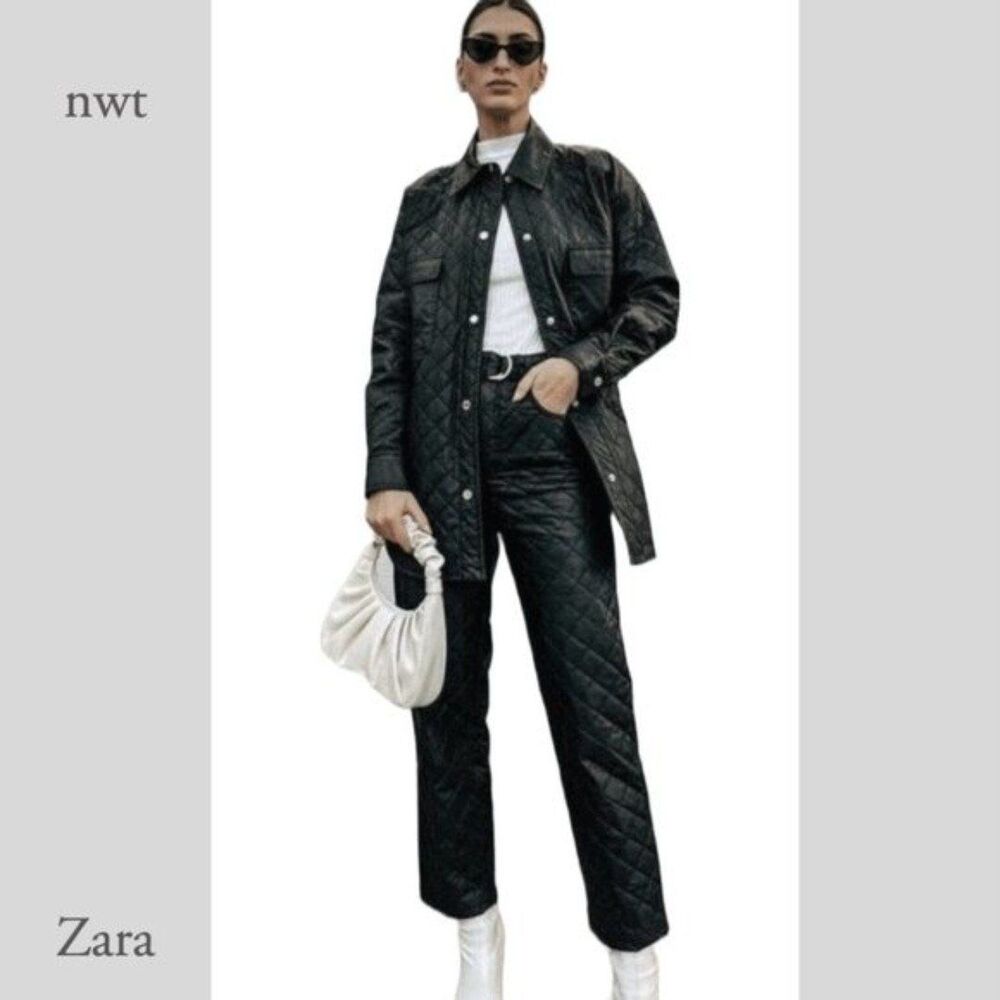 ZARA HIGH WAIST QUILTED PANTS | NEW Black faux leather cropped Pants Sz S